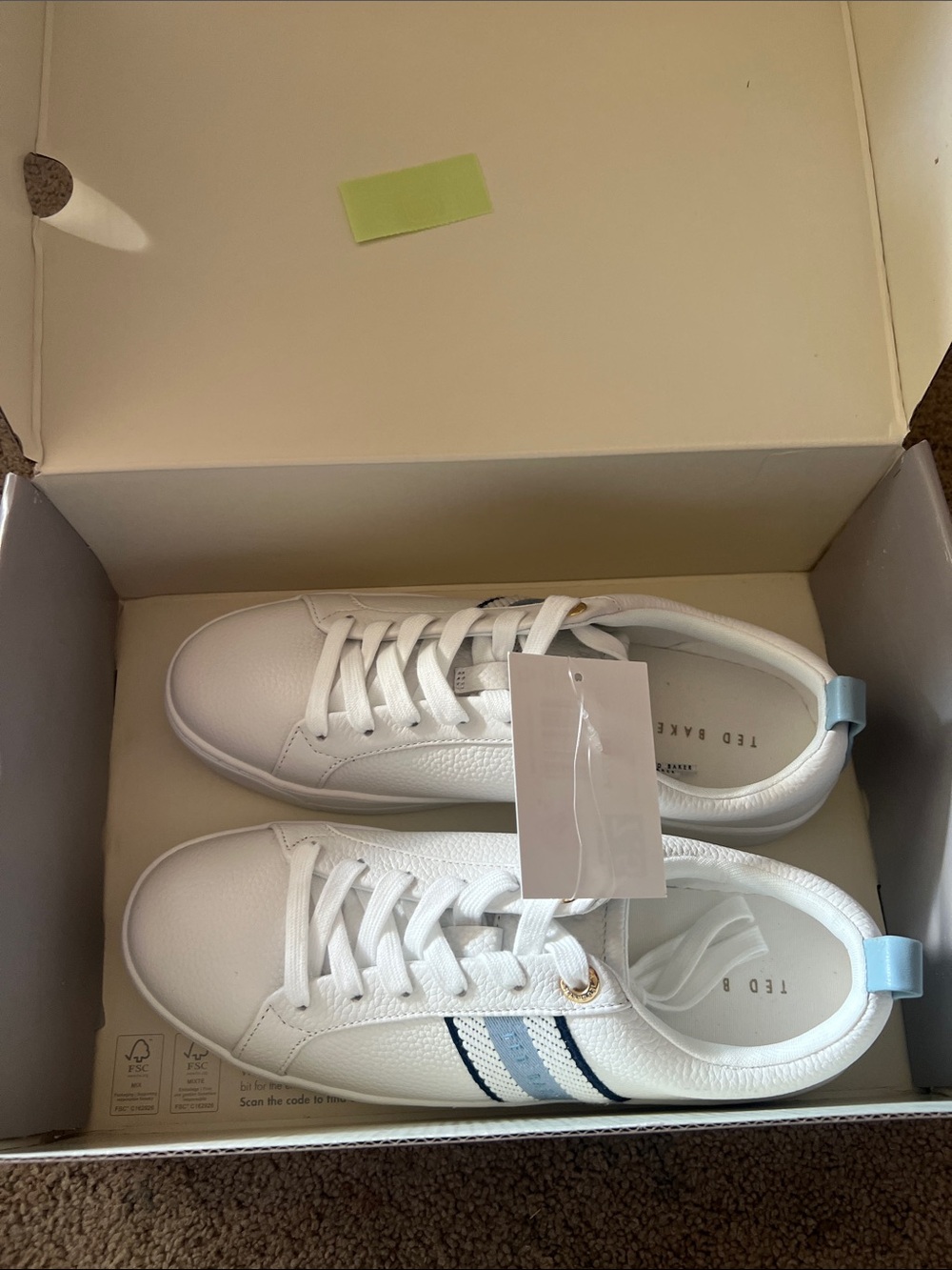 Ted Baker White Leather Kids Sneakers with Navy and Light Blue Stripes